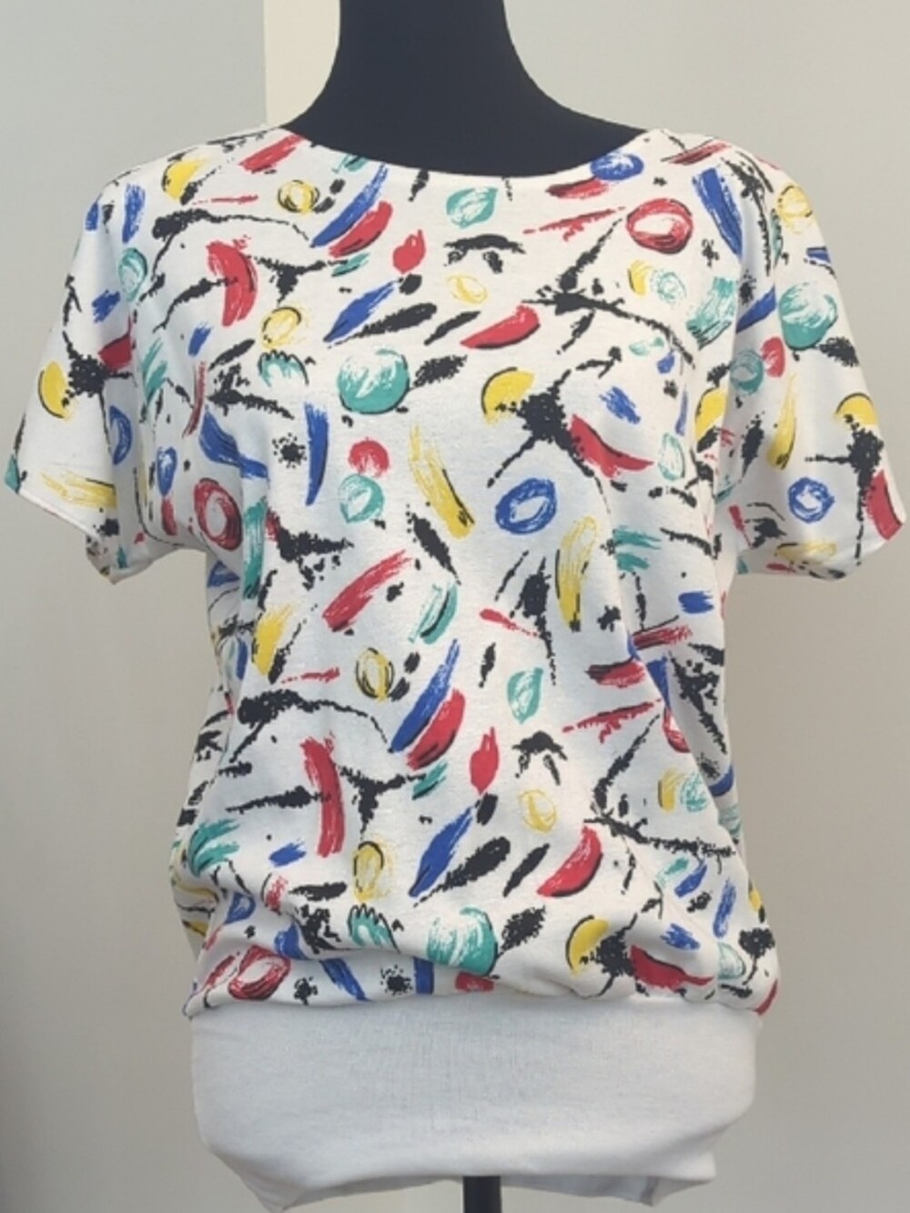 Vintage Variety Abstract Print Blouson Top Colorful 80s 90s Paint Brushstroke LG